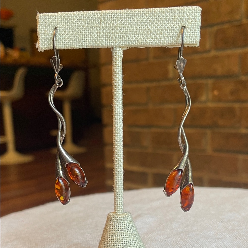 Handmade Sterling Silver and Baltic Amber organic floral hook back drop earrings - Picture 6 of 11